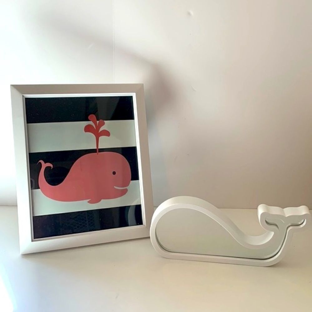 WHALE Wall Art in Navy/White & Pink with White Framed Mirror - NWOT